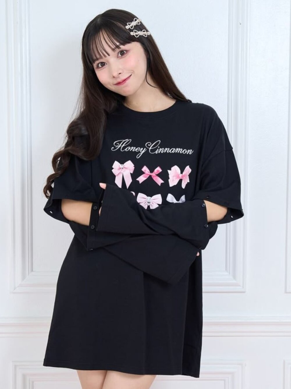 HONEY CINNAMON Pink Ribbon Sleeve Jirai Kei landmine style cutsew T-Shirt